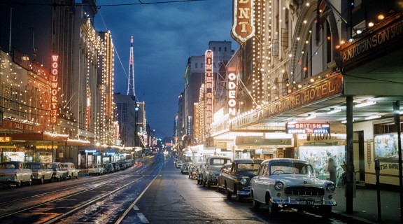 Untitled [Evening view of Queen Street, looking north towards Edward Street c. 1959