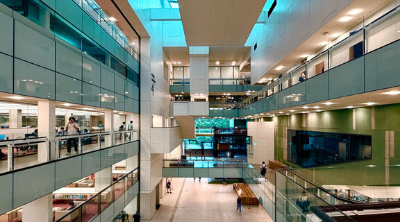 Smartphone photograph of the internal attrium of the State Library of Queensland building