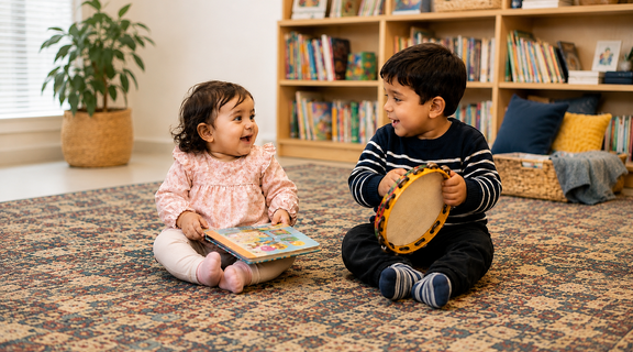 Two babies sit on the floor reading books and shaking a tambourine