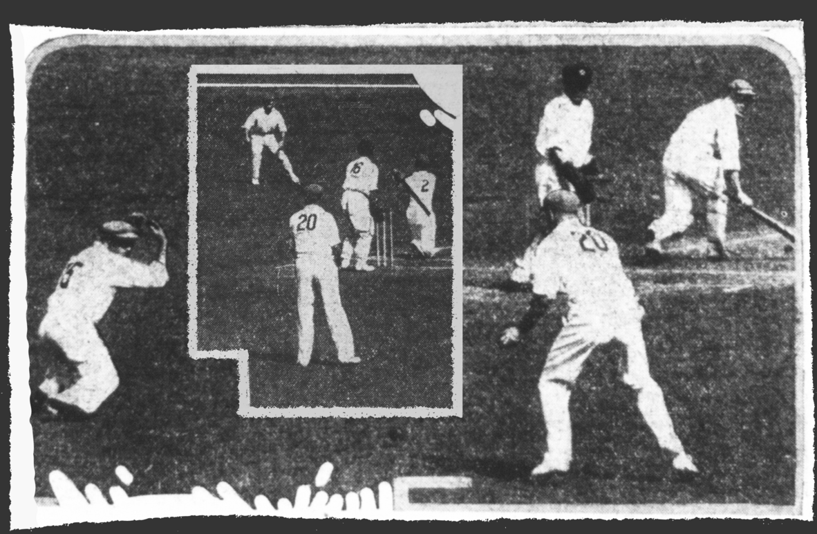 Composite image of newspaper photos from the first one day cricket match.