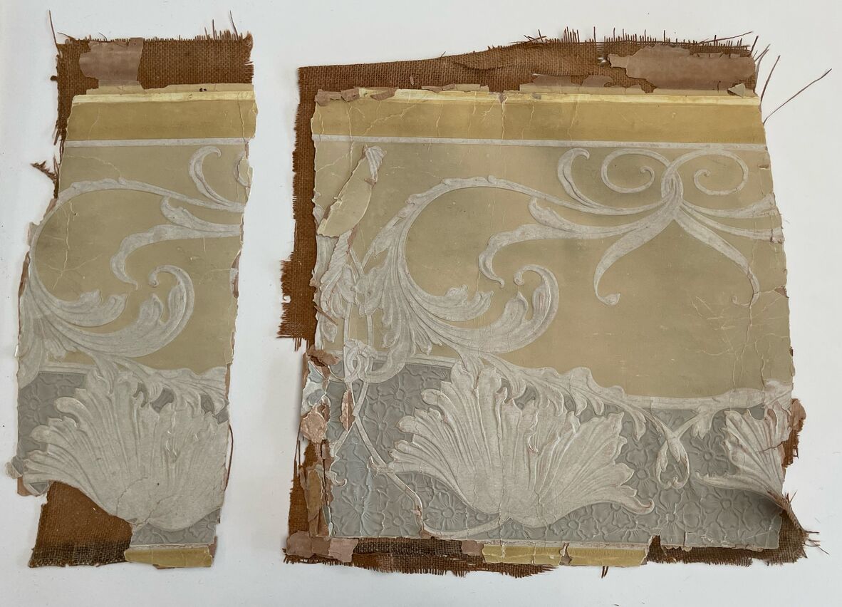 Sample of wallpaper on hessian backing, part of Robin Dods frieze paper from dining room, Ralahyne, Enderley Road, Clayfield. Professional and business archive of Allom Lovell Architects.