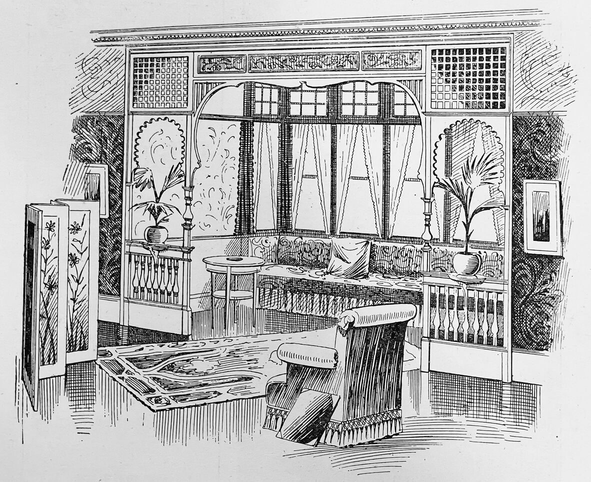 Illustration of a decorative scheme for a Drawing Room, from XXth Century Cookery and Home Decoration, 1900.