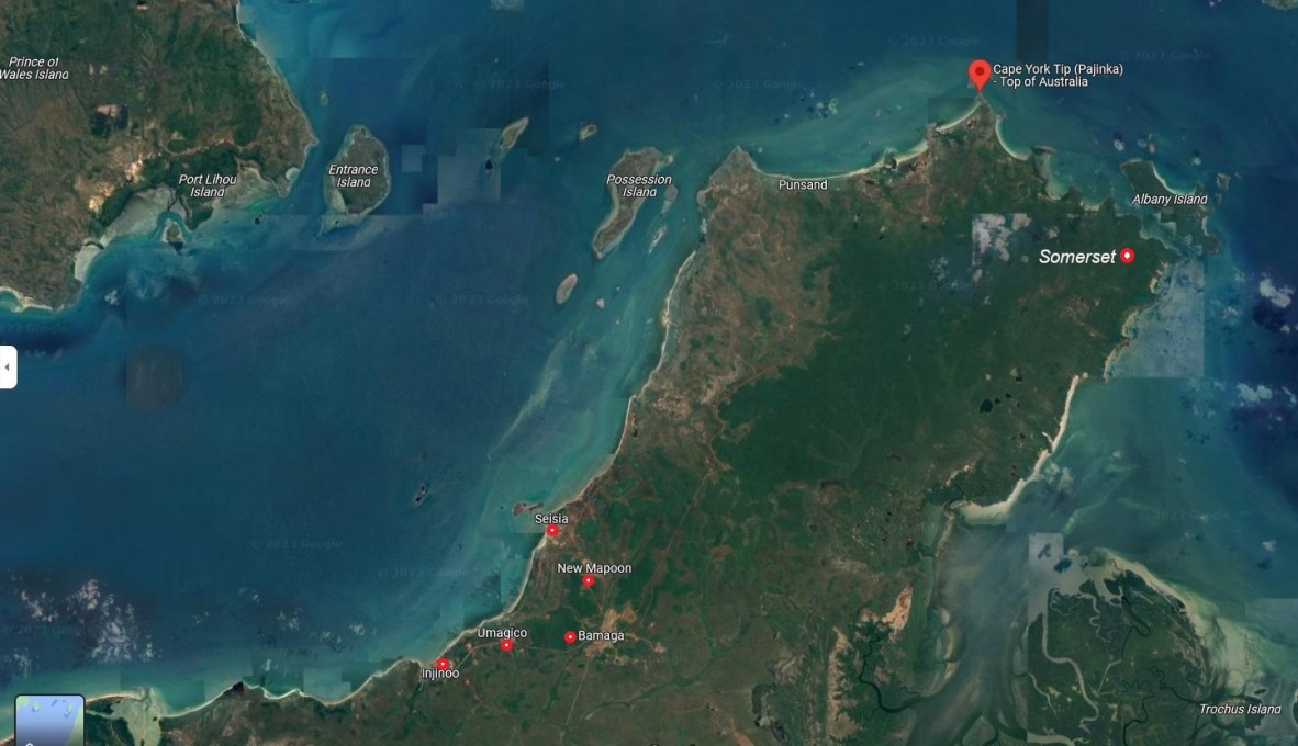 Google Earth map showing far northern tip of Cape York, including Somerset site and NPA towns
