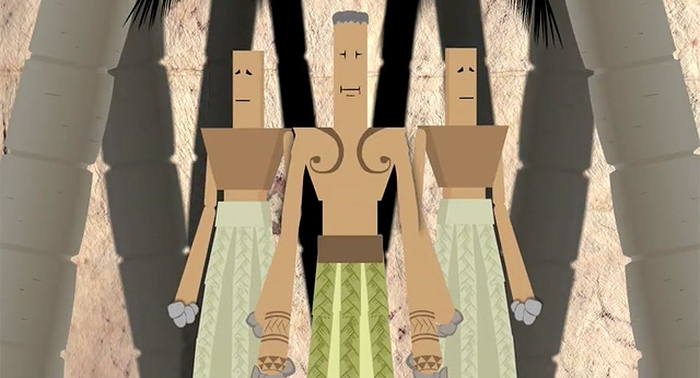Three simplistically animated people stand surrounded by palm tree trunks.