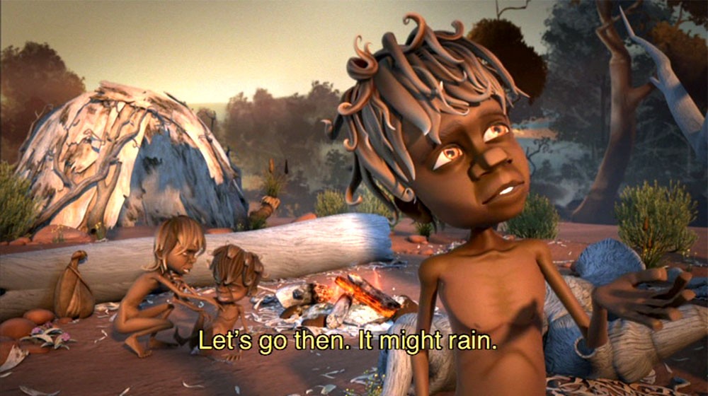 A 3D animated Australian Indigenous family, with a man holding his hand out to check for rain.