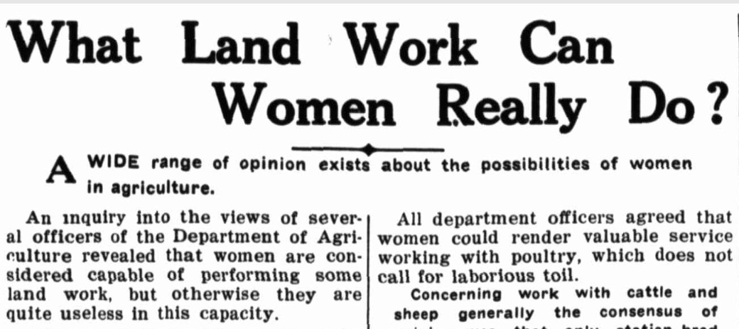 Article titled What land work can women really do in newspaper Queensland Country Life 21 May 1942 p5