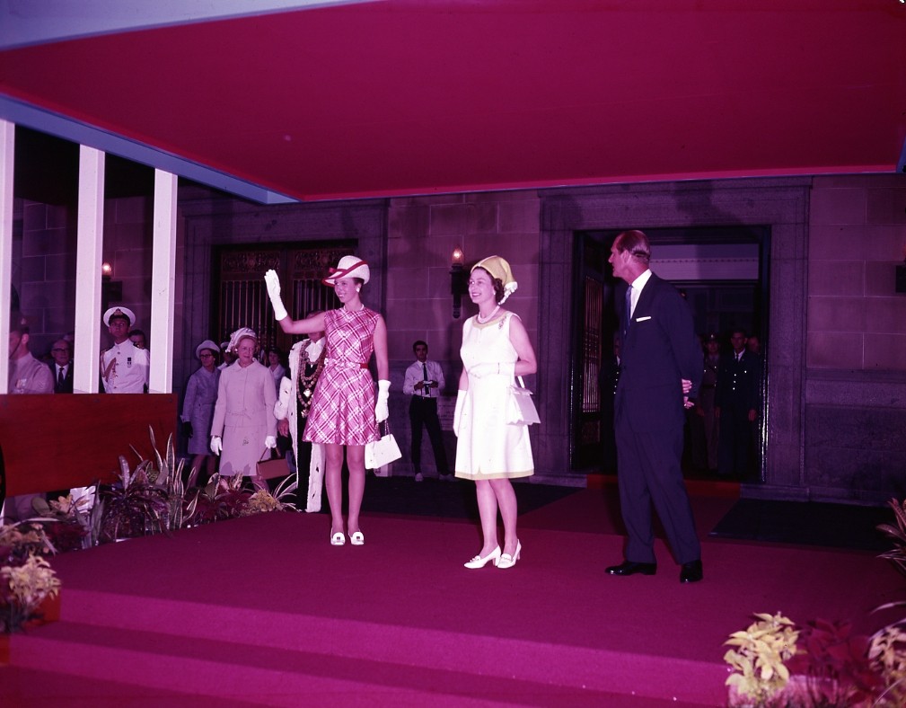 Queen Elizabeth II, Prince Philip, and Princess Anne on the steps of Brisbane City Hall, 12 April 1970.