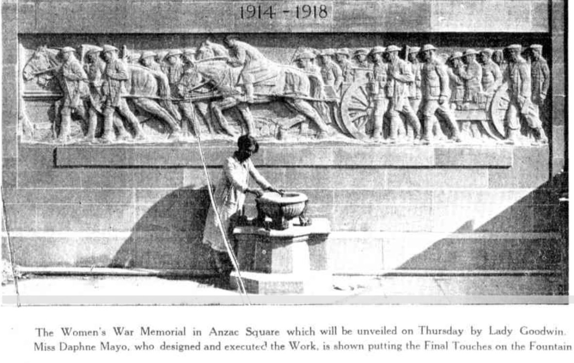 Black and white image of a woman standing in front of the Womens Memorial at Anzac Square in 1932 published in the newspaper The Telegraph 23 Mar 1932 p 10