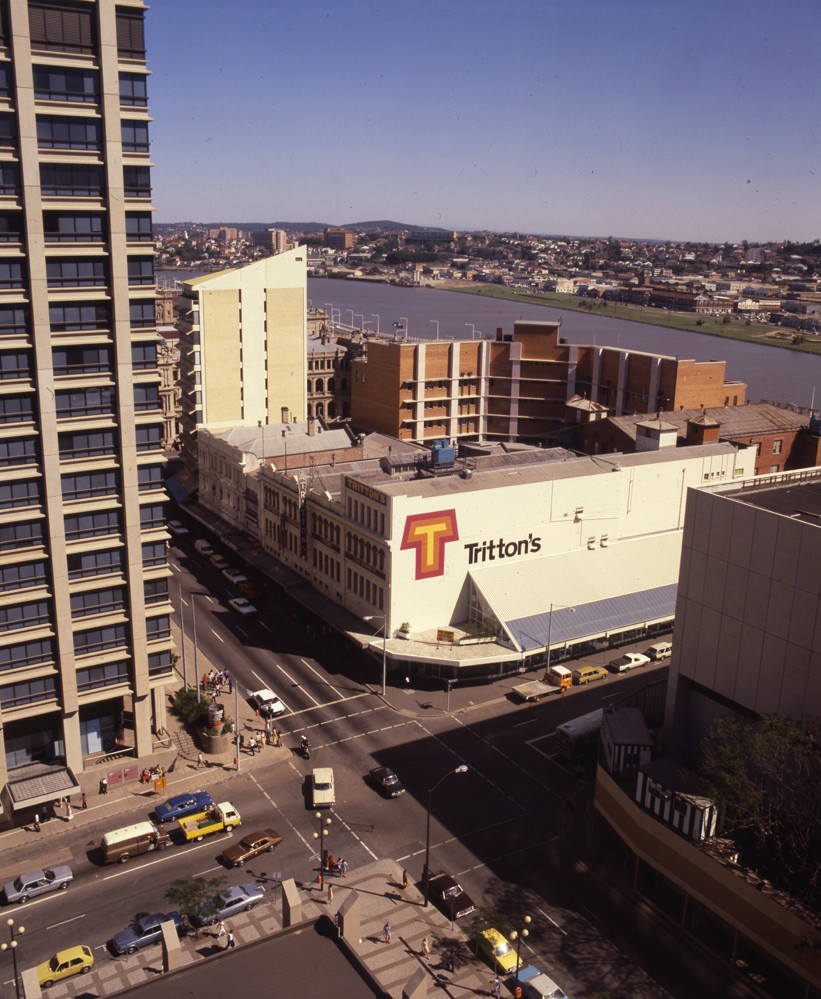 Aerial view of Tritton's Furniture Building corner George Street and Adelaide Street - 1980. Image courtesy of Brisbane Images, Brisbane City Council