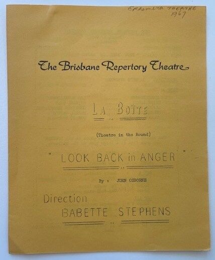 Program for "Look Back in Anger" by John Osborne, 1967. Brisbane Repertory Theatre.