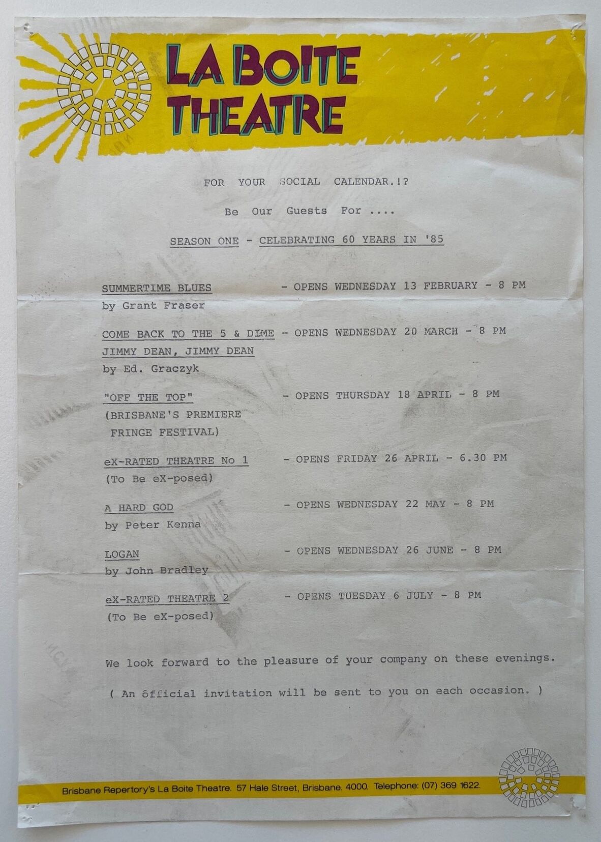 Season One: Celebrating 60 years in '85 flyer, 1985.