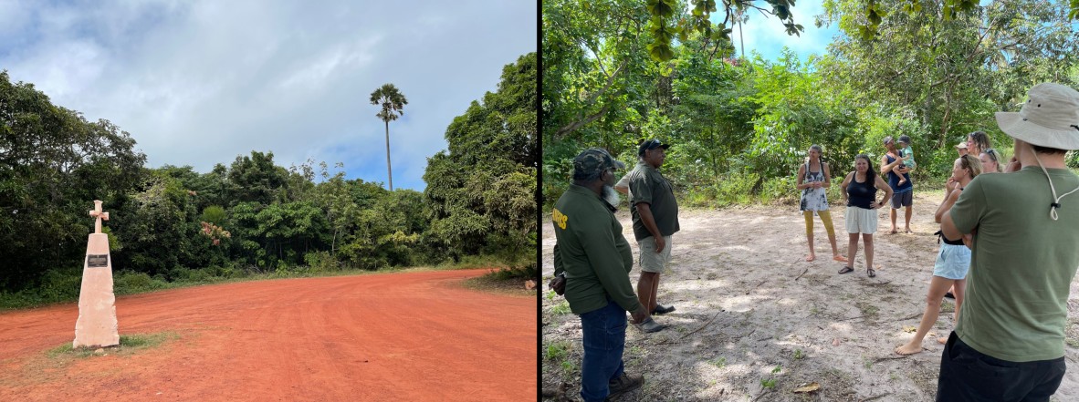 (Left) London Missionary Society memorial, Somerset; (right) Traditional Owners Uncle Tommy Savage and Michael Solomon (at left) talk to visitors to Somerset on the site of the Jardine family homestead, June 2022.