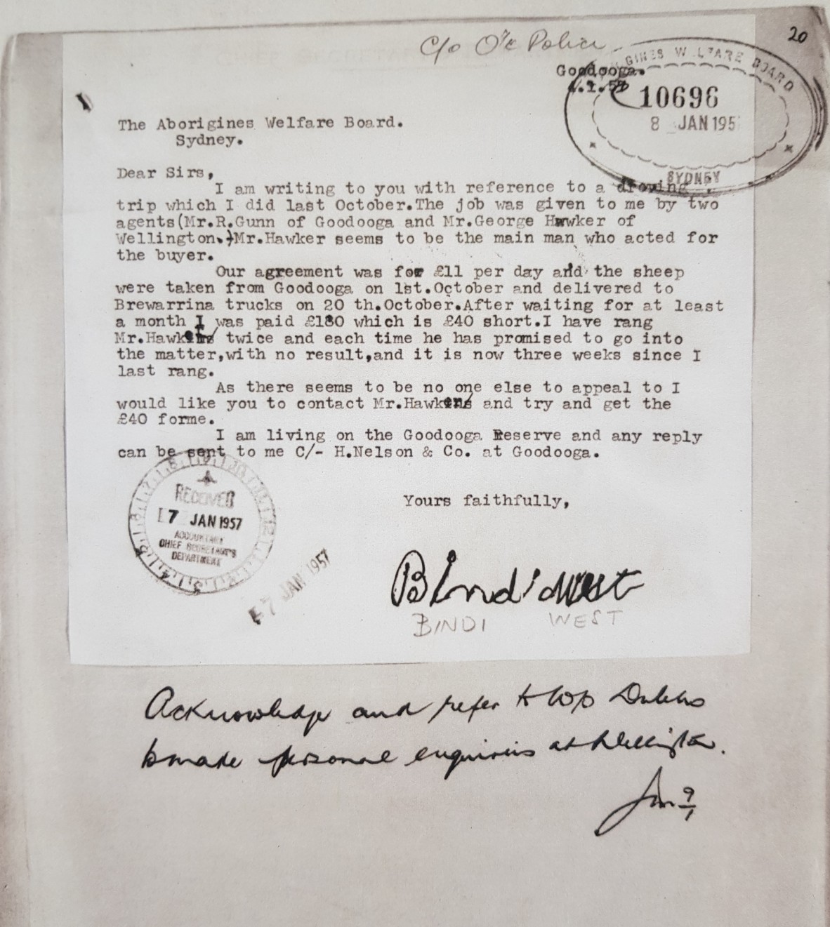 The Initial letter from Bindi West addressed to the Aborigines Welfare Board, Sydney, on 8th Jan 1957.