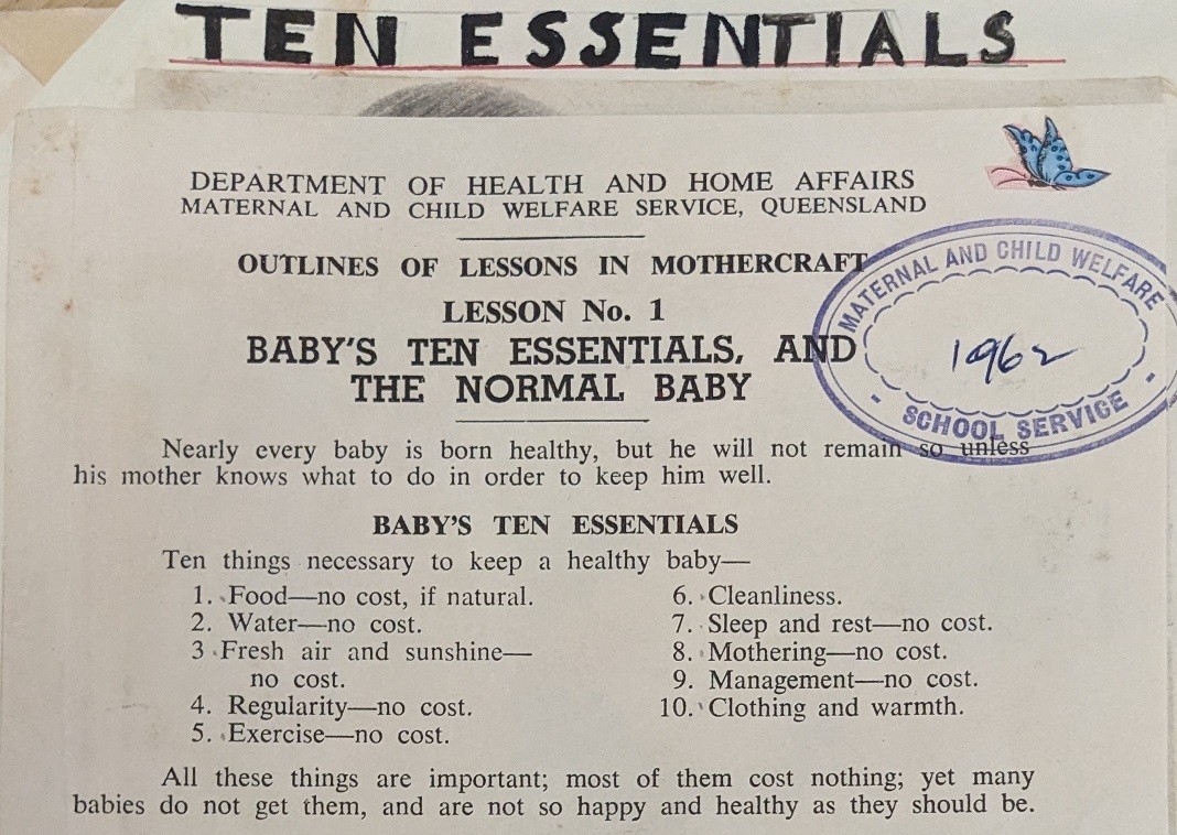 Outlines of lessons in Mothercraft, Lesson no 1 baby's 10 essentials and the normal baby