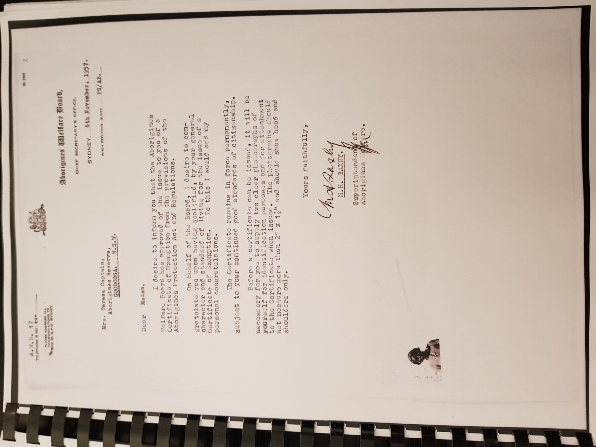 Terrisa Captain’s Approval Letter for the Issue of a Certificate of Exemption from the Aborigines Protection Act. She was also deemed worthy by government officials.