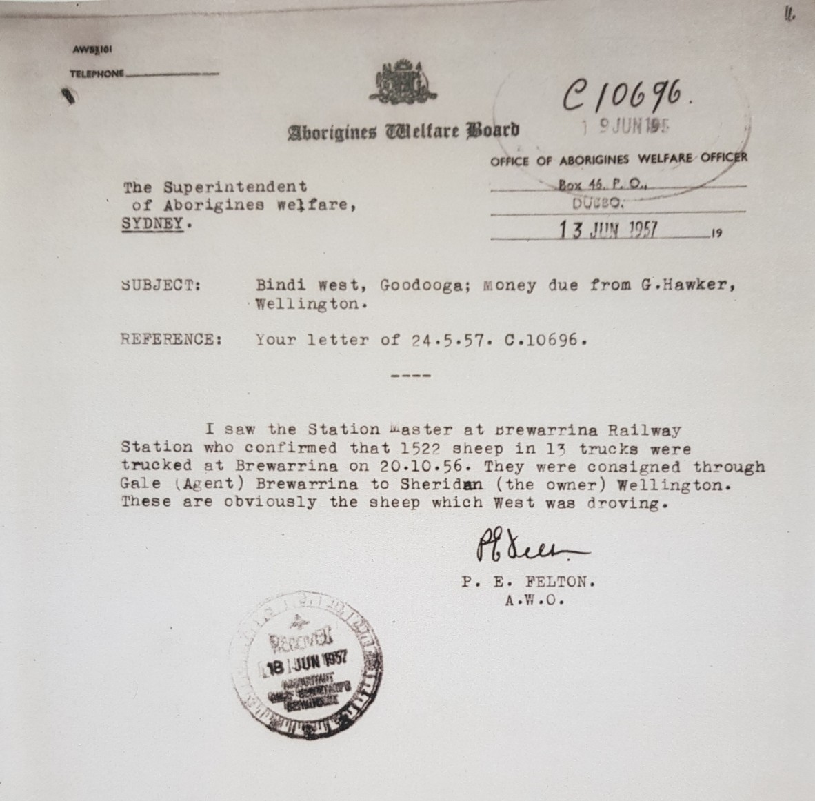 On 13th June Felton has visited the railway station master at Brewarrina, and is able to ascertain that the date Bindi West had stated the sheep had been delivered is correct, 1522 sheep were loaded onto 13 railway trucks on 20th Oct 57 in Brewarrina – ‘These are obviously the sheep which West was droving’.