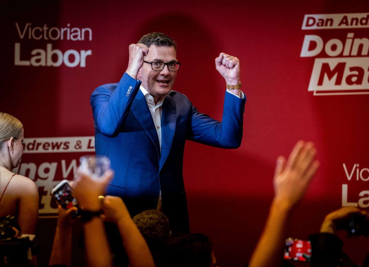 A photo of former Victorian Premier Daniel Andrews celebrating a win