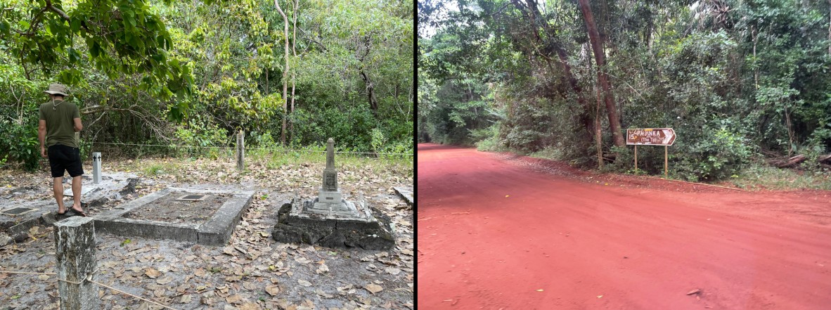 (Left) Reuben Hillier at the site of Frank and Sana Jardine memorials, Somerset; (right) On the road to Pajinka and the tip of Cape York, June 2022.