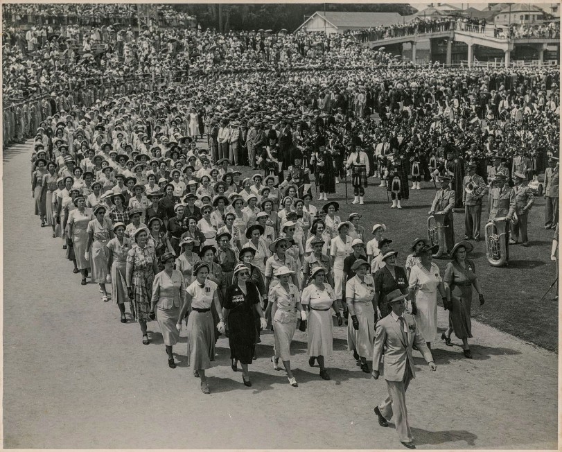 Ex-servicewomen marching at the Brisbane Exhibition Grounds 17 March 1954