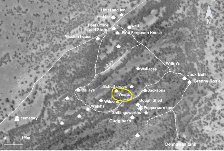 House sites identified on the basis of archaeological evidence annotated with occupants’ names from oral accounts.