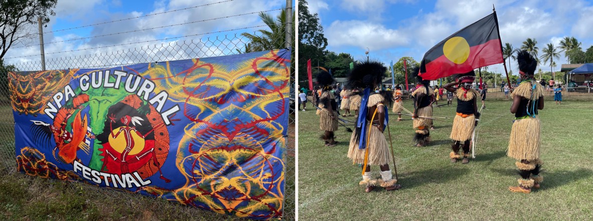 (Left) NPA Cultural Festival sign and (right) Torch Relay arrives to open the Cultural Festival, June 2022.