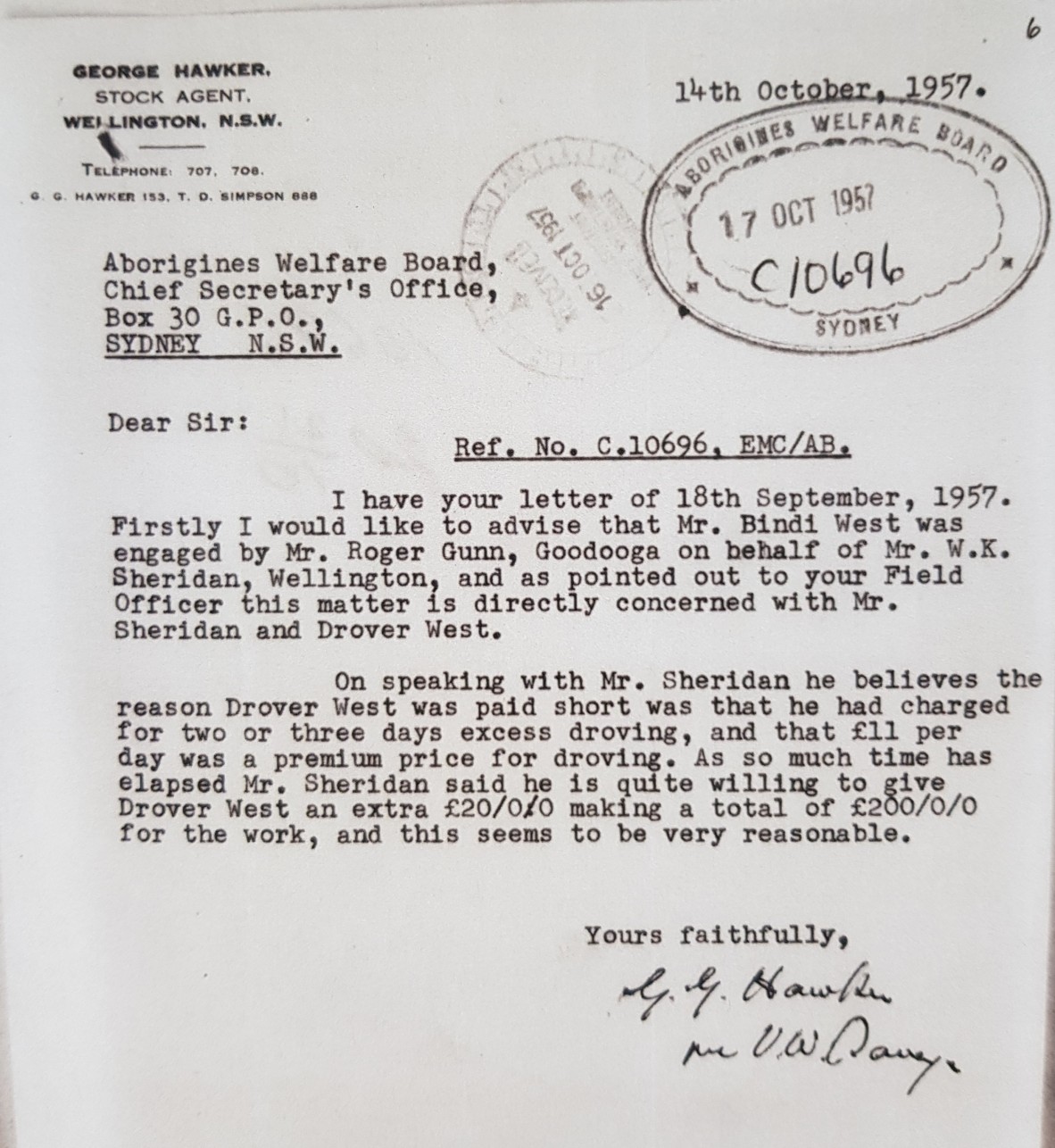 On the 14th October 1957, Hawker finally decides to write back to Saxby, over a month after Saxby’s letter is sent to him asking about his intentions to pay.   Hawker is indignant that ‘as pointed out to your field officer, this matter is directly concerned with Mr Sheridan and Drover West.’  However, Hawker informs that the owner of the sheep Sheridan has offered to call it even at an extra 20 pound payment to Bindi West, ‘and this seems to be very reasonable.’, ‘as so much time has elapsed’.   (…..Serious