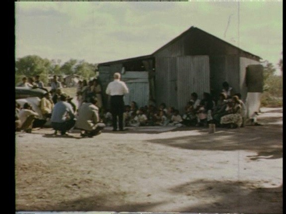 A stillshot of Goodooga church from the Brewarrina Mission Film that was written and produced by John Seagrave, and made with the Co-operation of The N.S.W. Aborigines Welfare Board and The N.S.W. Department of Education, in 1962.