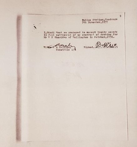 On the 7th Nov 1957 Bindi West signs a letter stating he is prepared to accept the twenty pounds offered by W. K. Sheridan of Wellington, in full settlement for the droving contract he had undertaken over a year ago, in October 1957. Constable A Halliday at Goodooga Police witnesses Bindi West’s signature.