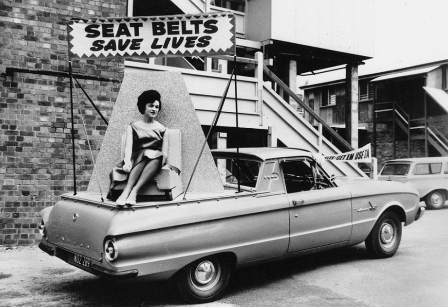 1962 Ford Falcon XL utility with advertising, 'Seat Belt Save Lives, 1962, Photographer unknown, John Oxley Library, SLQ, Negative no. 116125