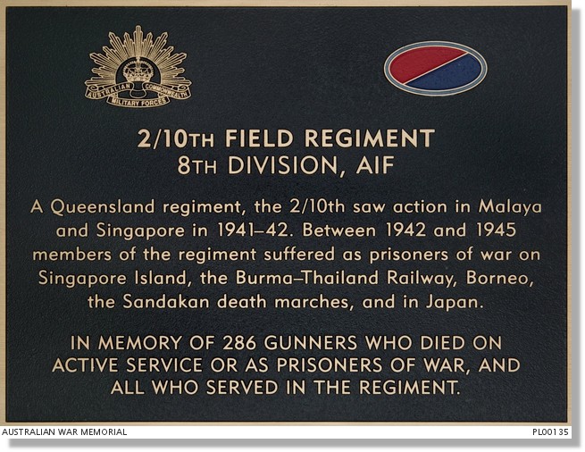 Memorial plaque 2/10th Field Regiment