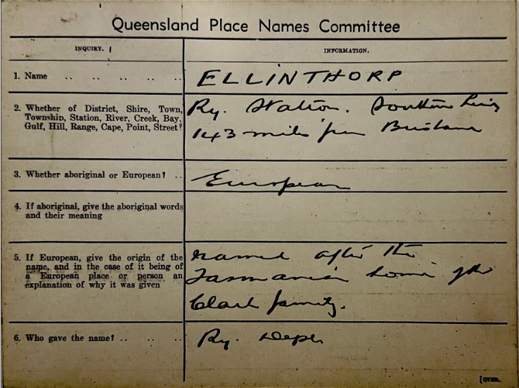 A typed and handwritten card for the town of Ellinthorp under the heading "Queensland Place Names Committee"