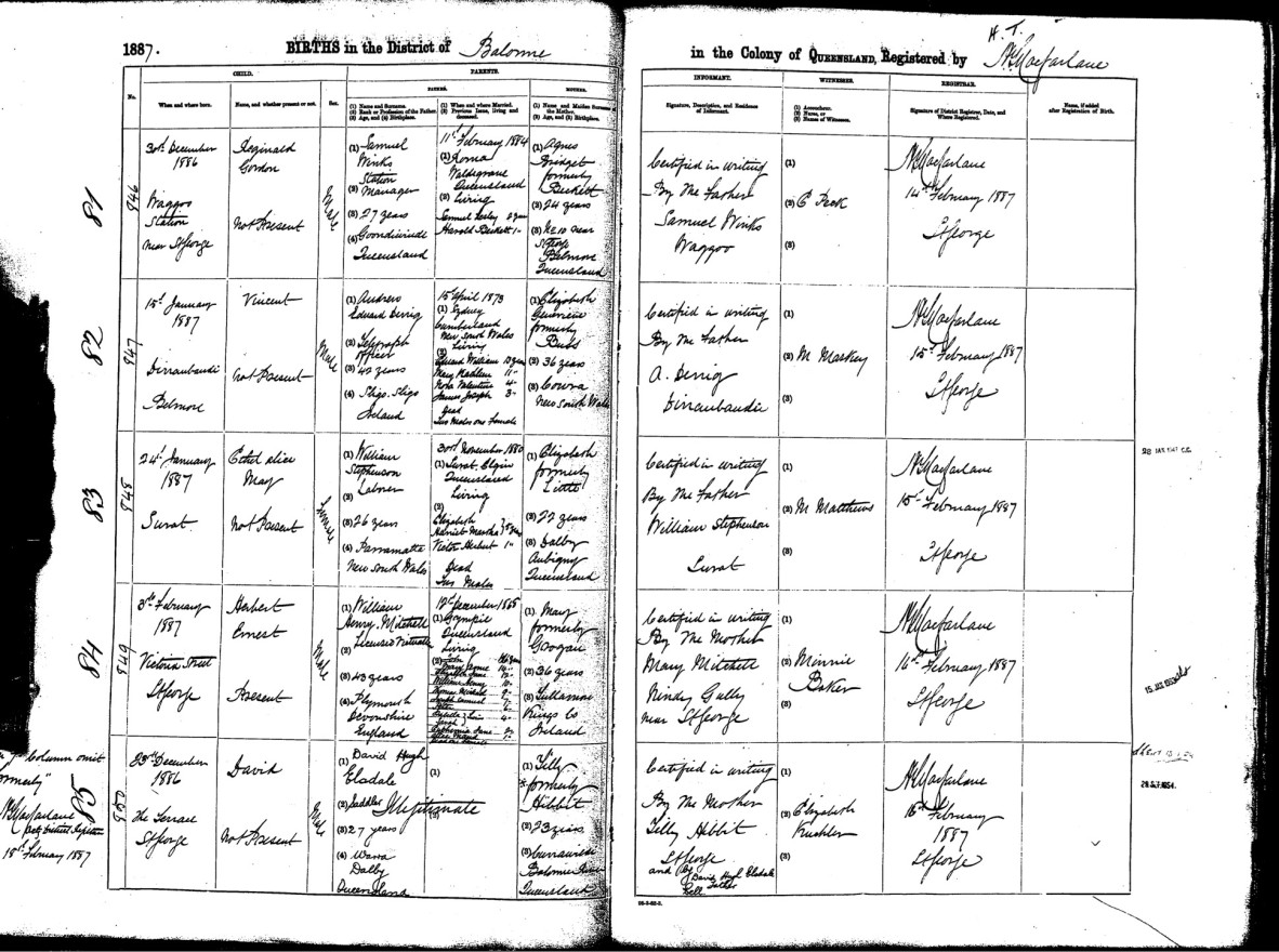 David Elsdale, Birth Certificate, record no 850, Births in District of Balonne in the Colony of Queensland, 1887. 1887/C/85, p. 4388.