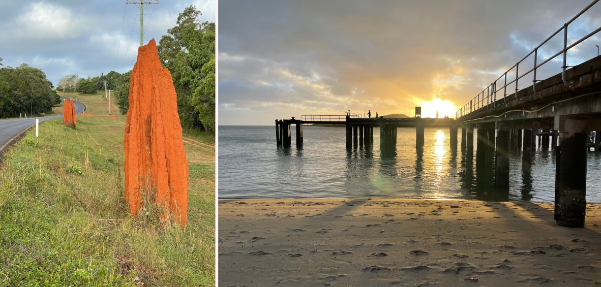(Left) ant hills on the side of the road between Bamaga and Umagico; (right) Seisia wharf at sunset, June 2022.