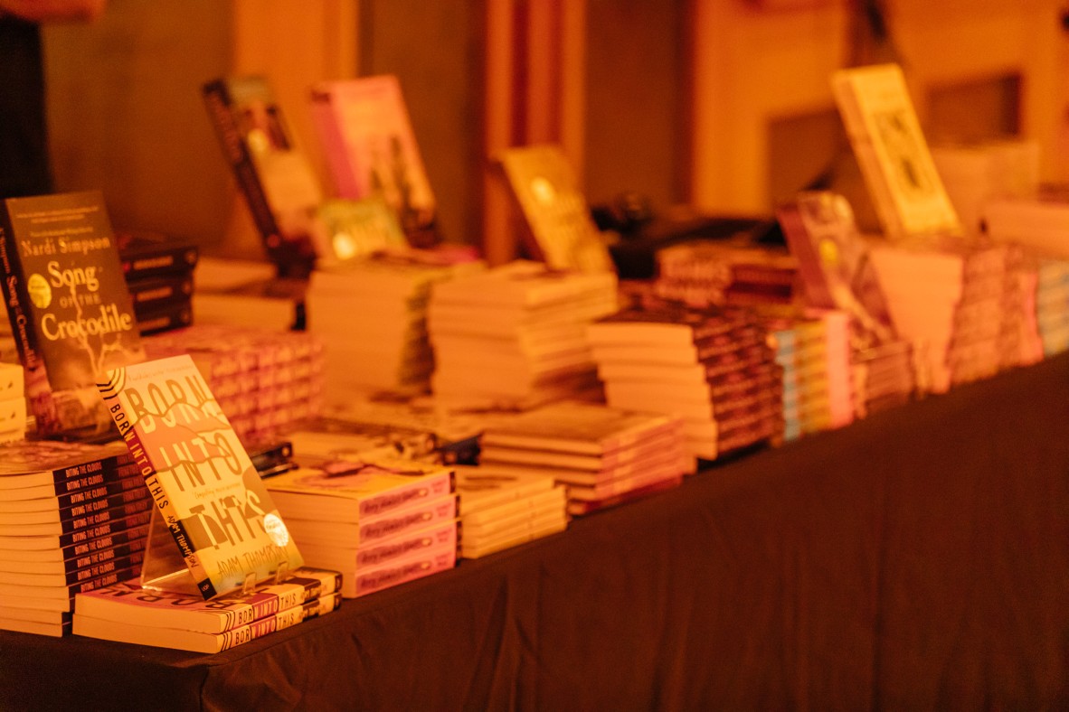 Stacks of books on a table