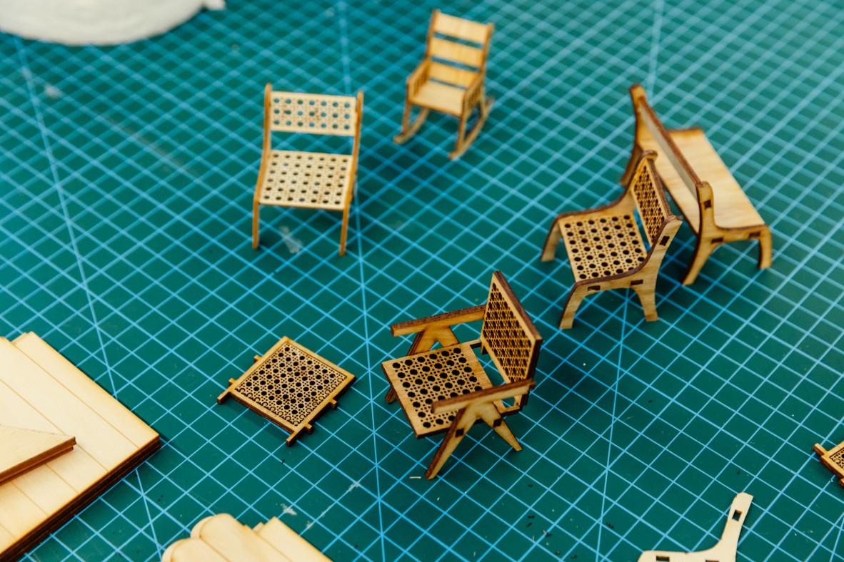 A photo of miniature laser cut chairs
