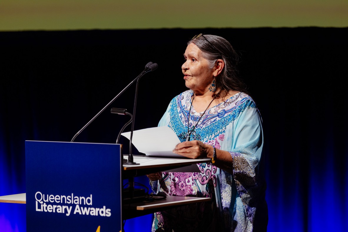 Aunty Elaine Kropinyeri delivering her speech at the Queensland Literary Awards