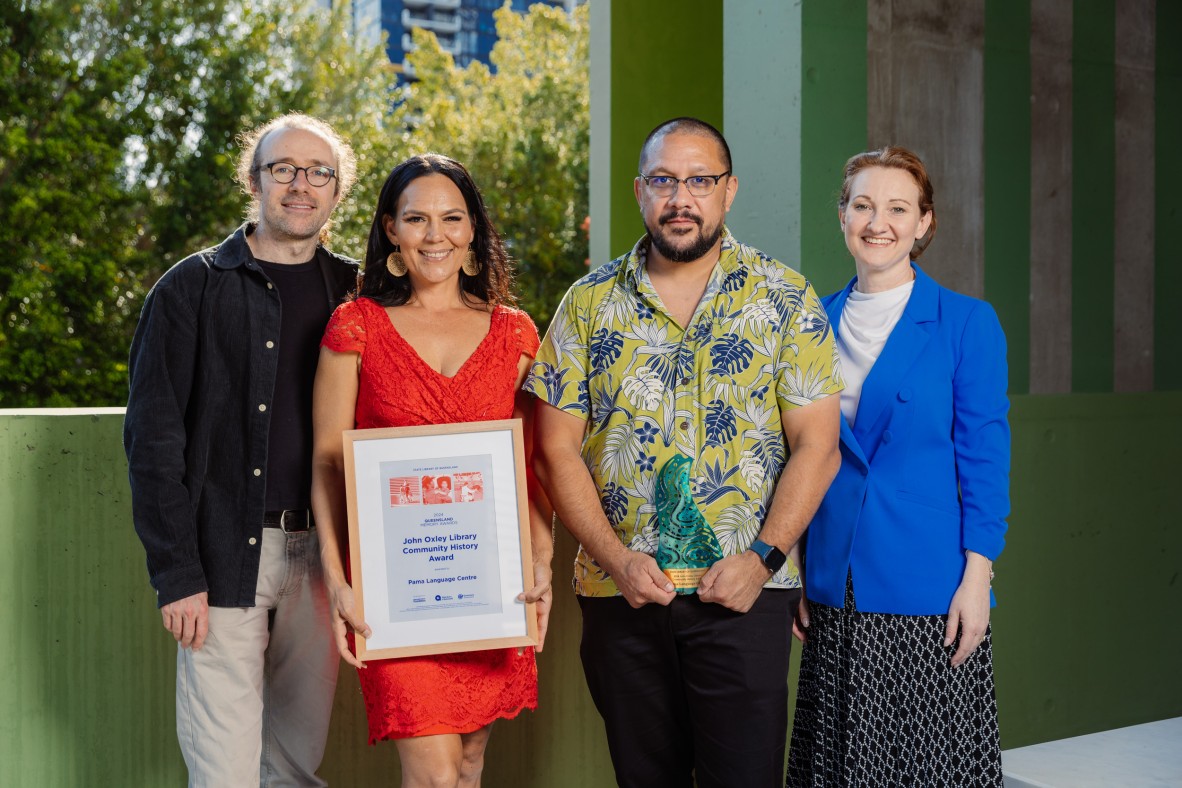 2024 John Oxley Library Community History Award recipient, Pama Language Centre. Representatives Joshua McHugh, Tarmara Pearson and Xavier Barker with Manager Queensland Library Foundation, Anna Herbert.