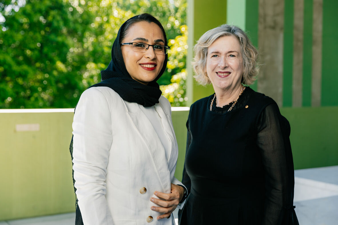Dr Zhila Gholami, 2025 John Oxley Library Fellow and Vicki McDonald AM FALIA, State Librarian and CEO. 