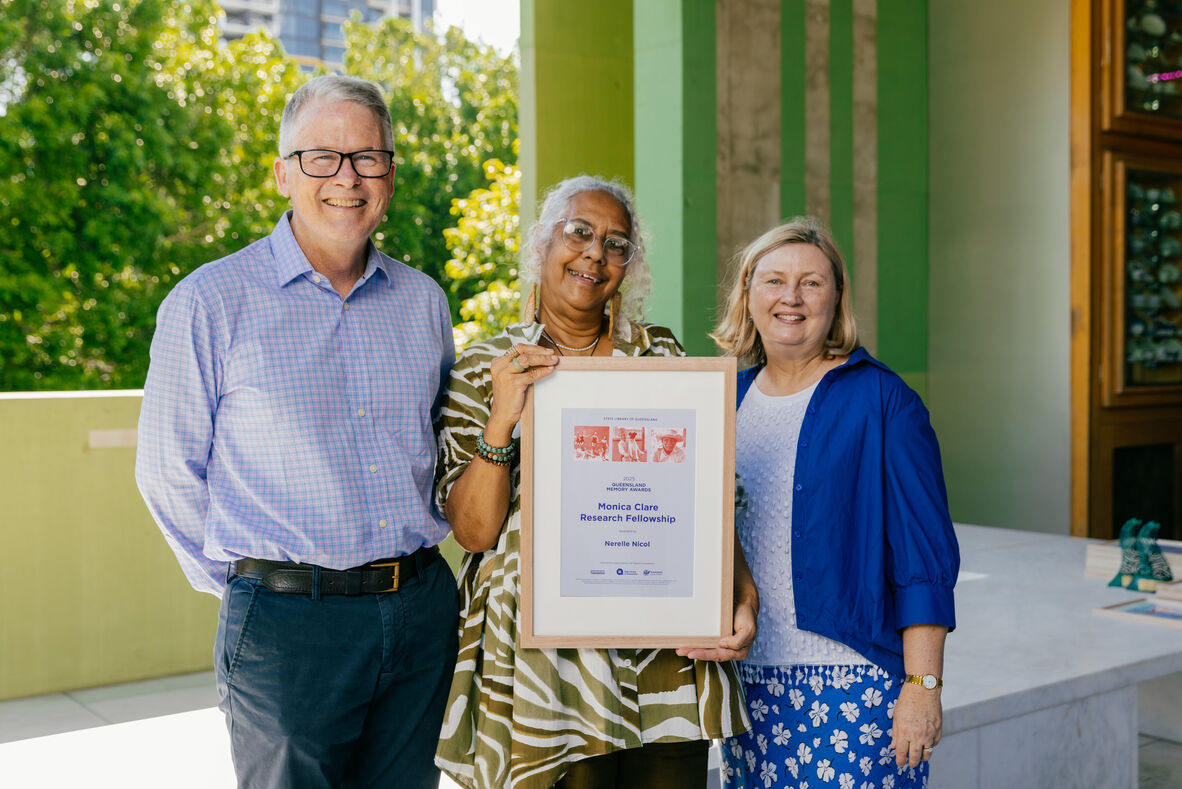 Nerelle Nicol, the 2025 Monica Clare Research Fellow, with William and Louise Siganto, representing the Siganto Foundation.