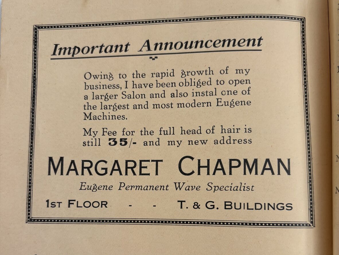 Advertisement for Margaret Chapman's Hair Salon. 