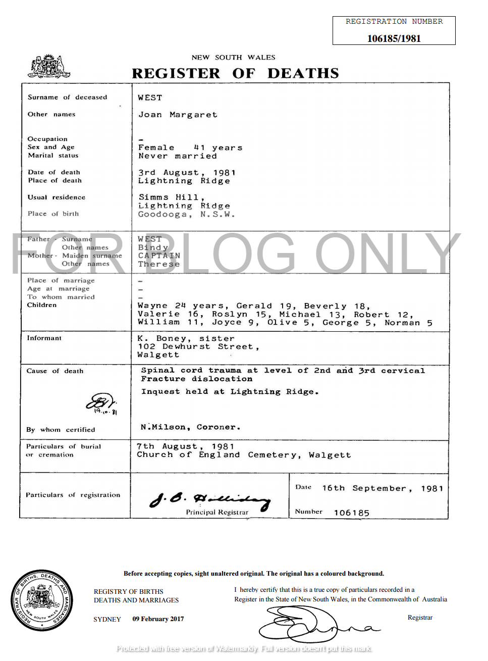 Death certificate for Joan West.