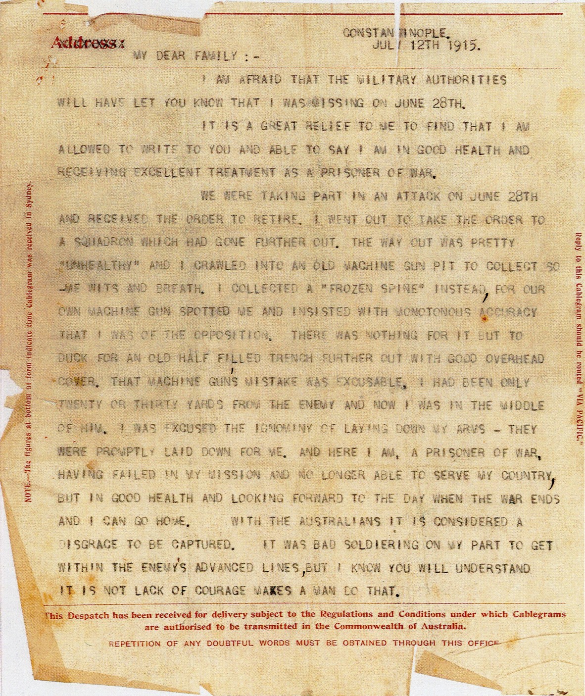 Letter dated 12 July 1915 from Maurice Delpratt to his family from Constantinople confirming that he was now a prisoner of war John Oxley Library State Library of Queensland Acc 281157