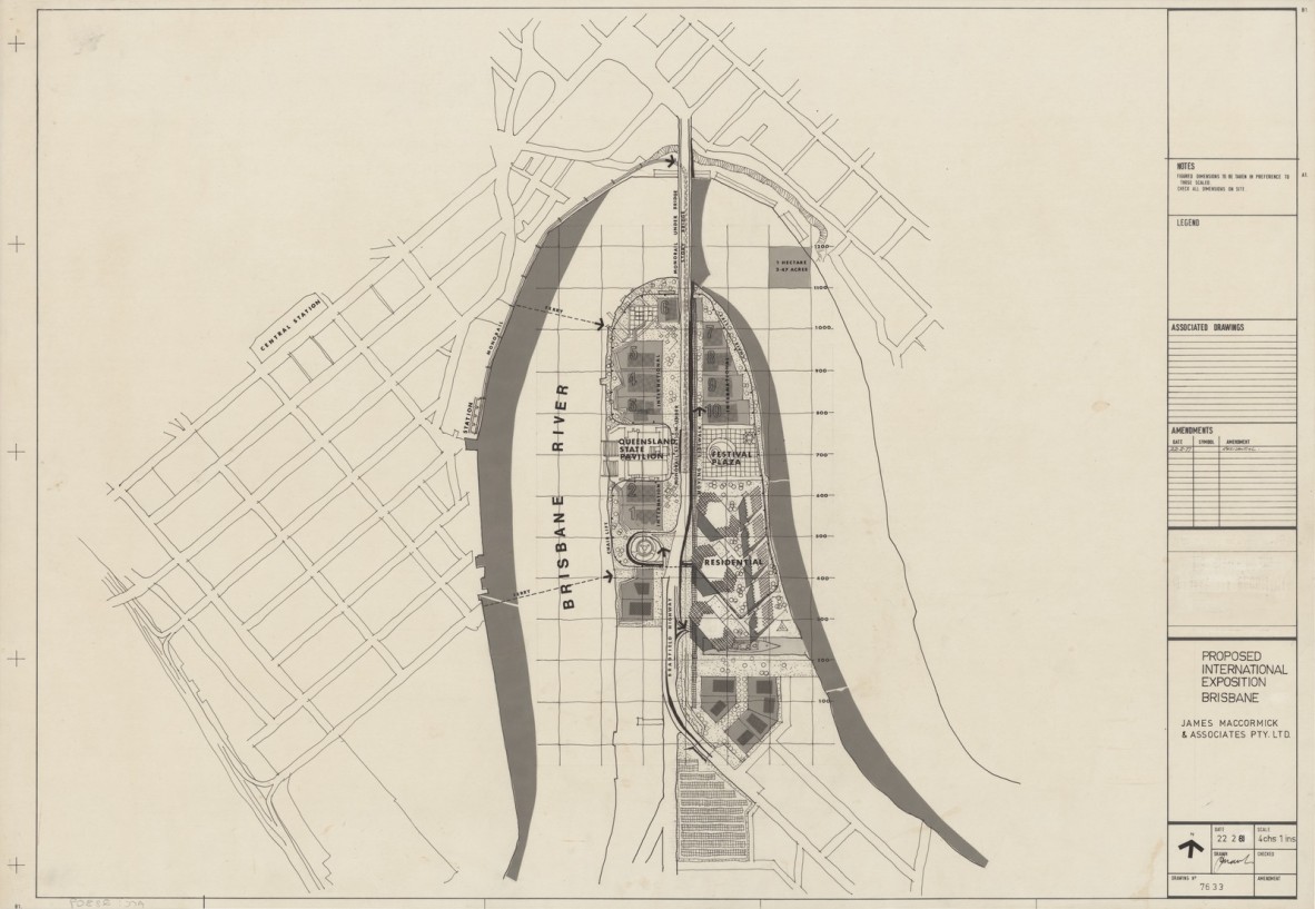 Site plan for the proposed international exposition at Kangaroo Point, Brisbane, 1981. Drawing by James Maccormick.