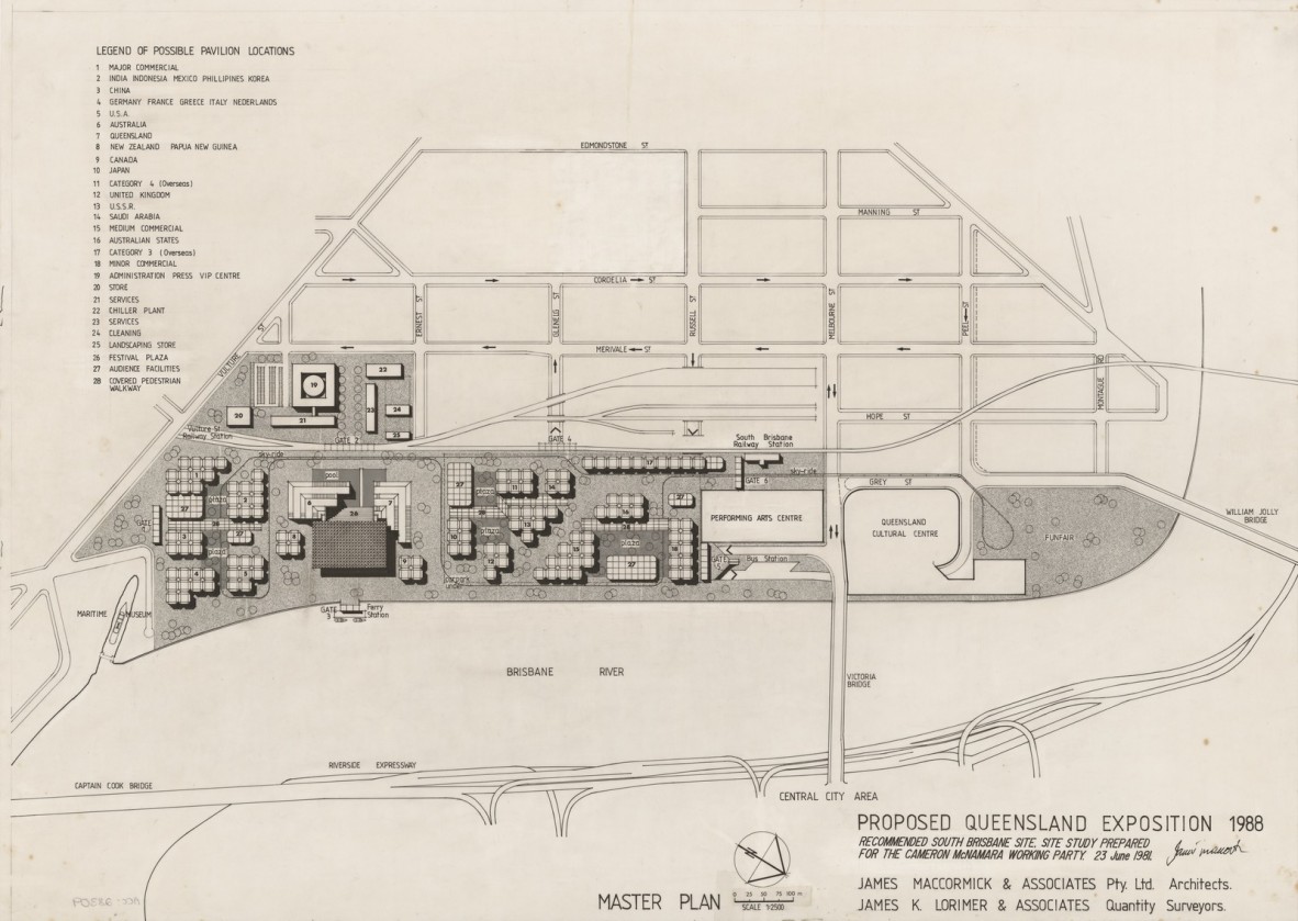 Master Plan [South Brisbane site], proposed Queensland Exposition 1988, 1981. Drawing by James Maccormick.