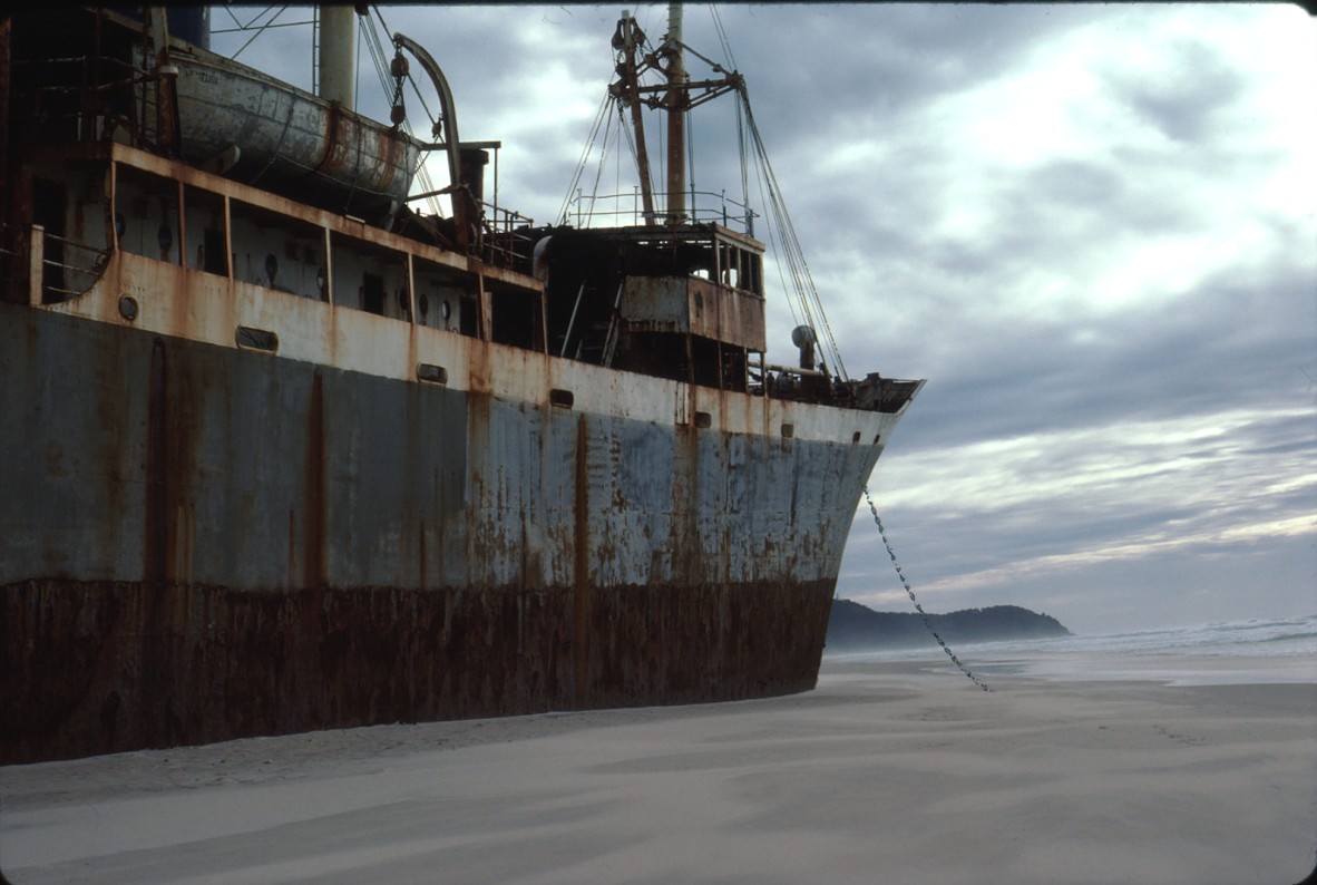 Wreck of Cherry Venture with Double Island Point in the background, 1978.