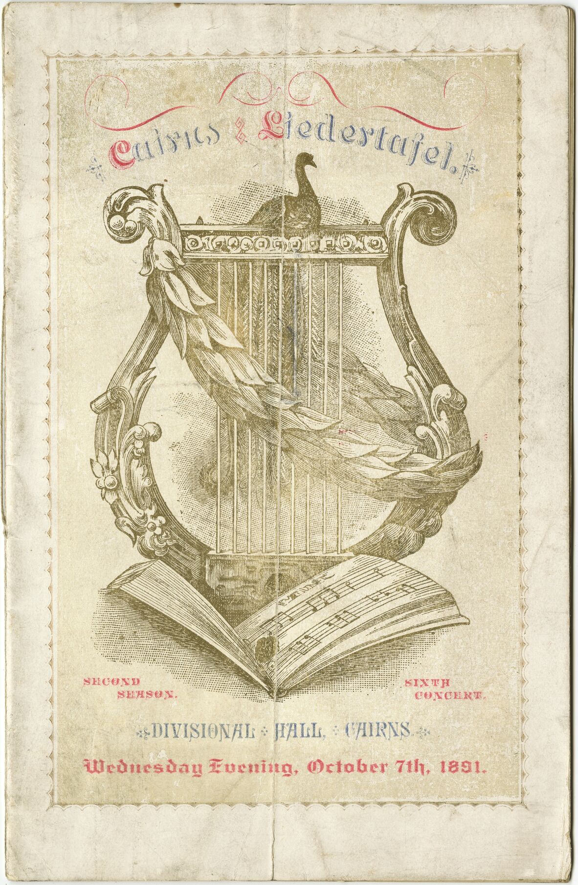 Liedertafel program booklet. Liedertafel is German for "song table" which refers to a voluntary club of men who meet on set nights to practice four-part vocal harmony, traditionally combining the social enjoyment of food and drink with choral singing.