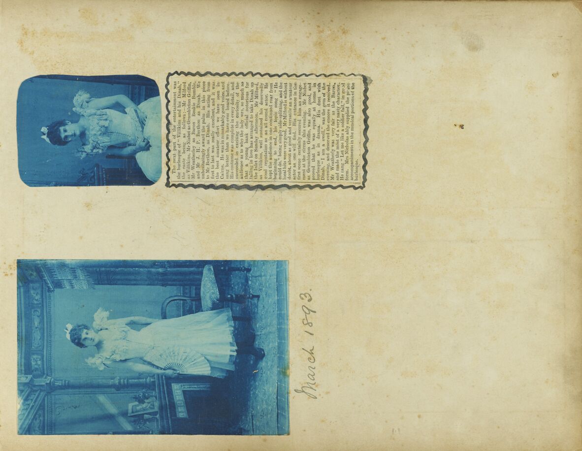 Photograph of amateur actor Mr J.H.P. Berthon dressed in a female 1880's dress, to play the part of Dinah. "Villikins and his Dinah,"