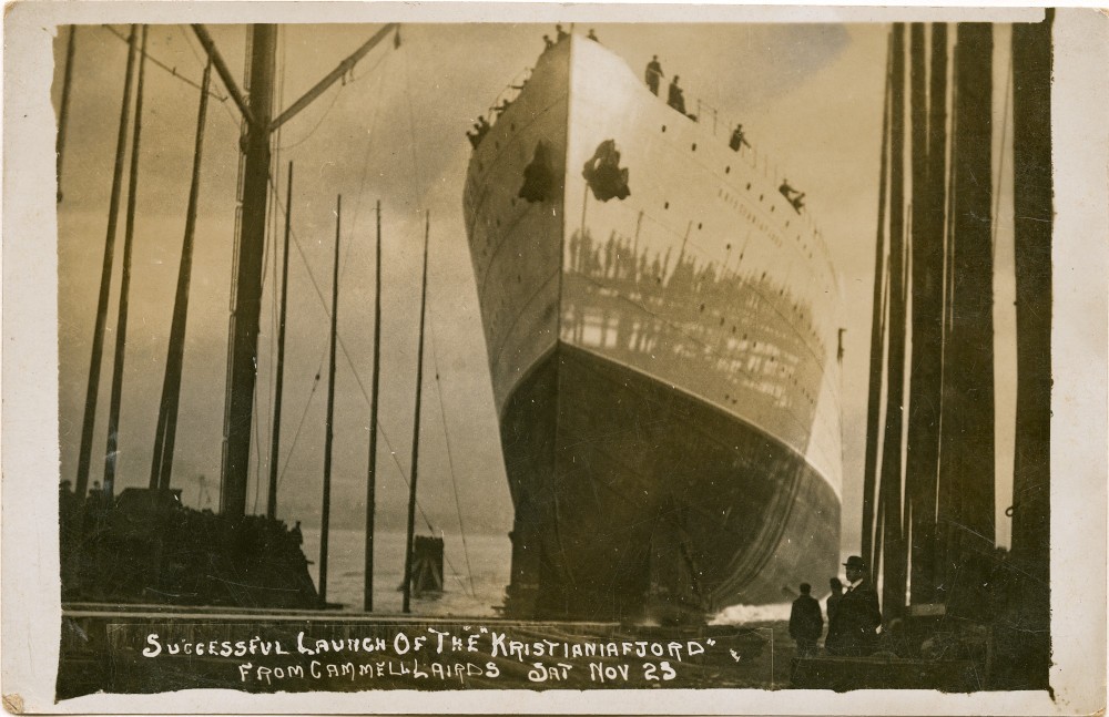 Postcard showing the launch of The Kristianfjord ship
