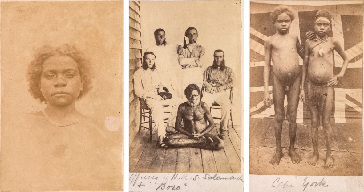 Gudang woman (left), the crew of HMS Salamander with Boroto (centre) and young boy and girl, Korkeraga tribe, Cape York, all 1867-1869. All photos by William Kennett.