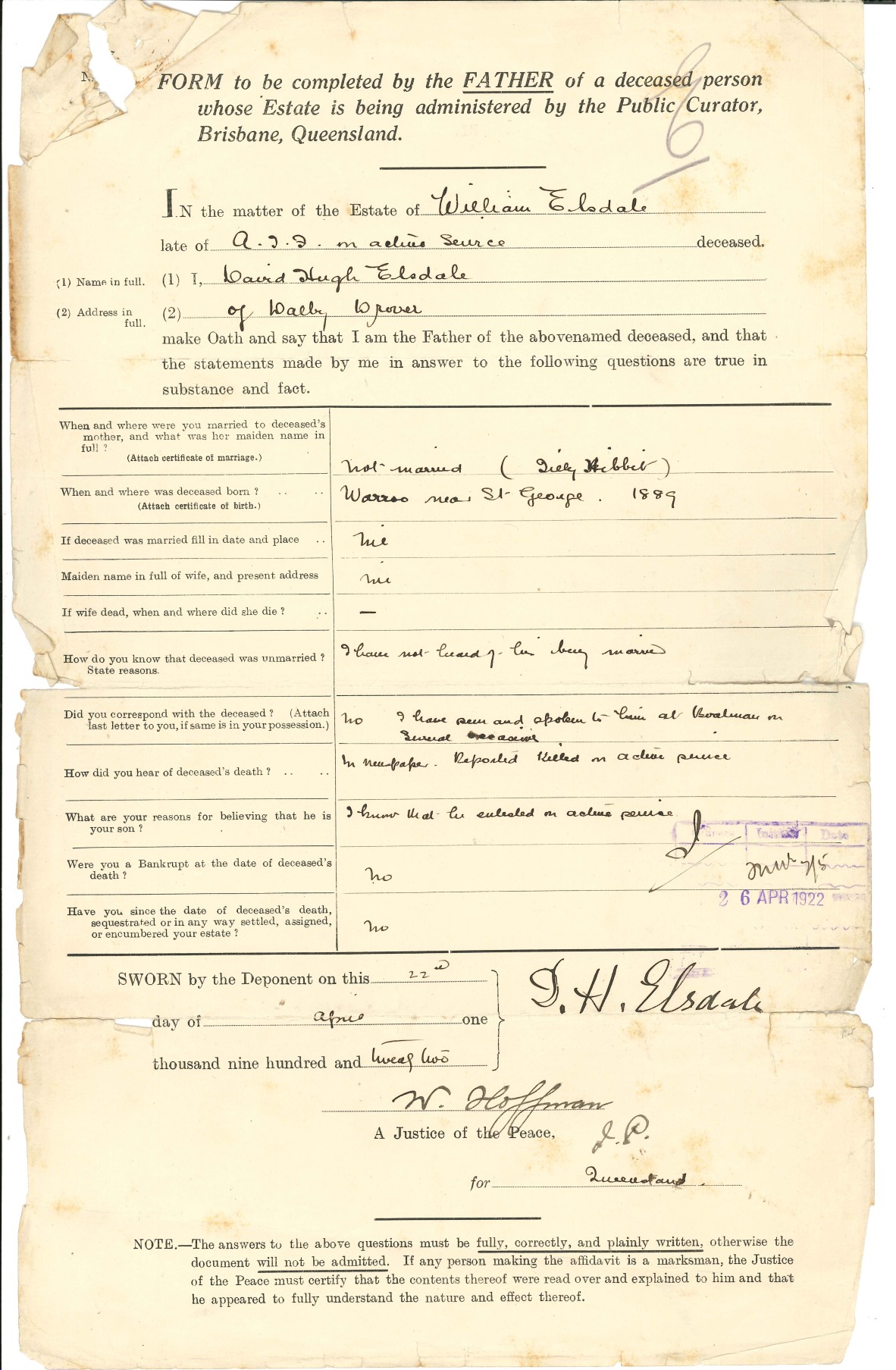 Public Curator form in Billy Elsdale's intestacy file.